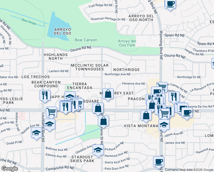 map of restaurants, bars, coffee shops, grocery stores, and more near 4713 Tennessee Place Northeast in Albuquerque