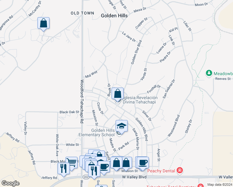 map of restaurants, bars, coffee shops, grocery stores, and more near 21616 Golden Star Boulevard in Tehachapi
