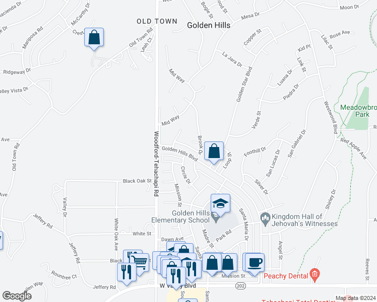 map of restaurants, bars, coffee shops, grocery stores, and more near 21550 Circle Drive in Tehachapi