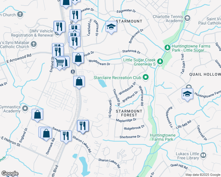 map of restaurants, bars, coffee shops, grocery stores, and more near 7217 Starvalley Drive in Charlotte