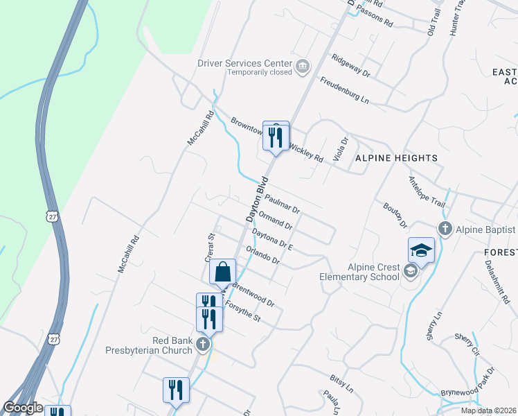 map of restaurants, bars, coffee shops, grocery stores, and more near 6 Ormand Drive in Chattanooga