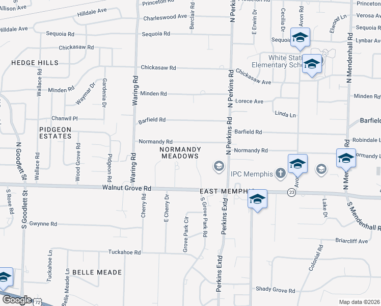 map of restaurants, bars, coffee shops, grocery stores, and more near 65 North Grove Park Road in Memphis