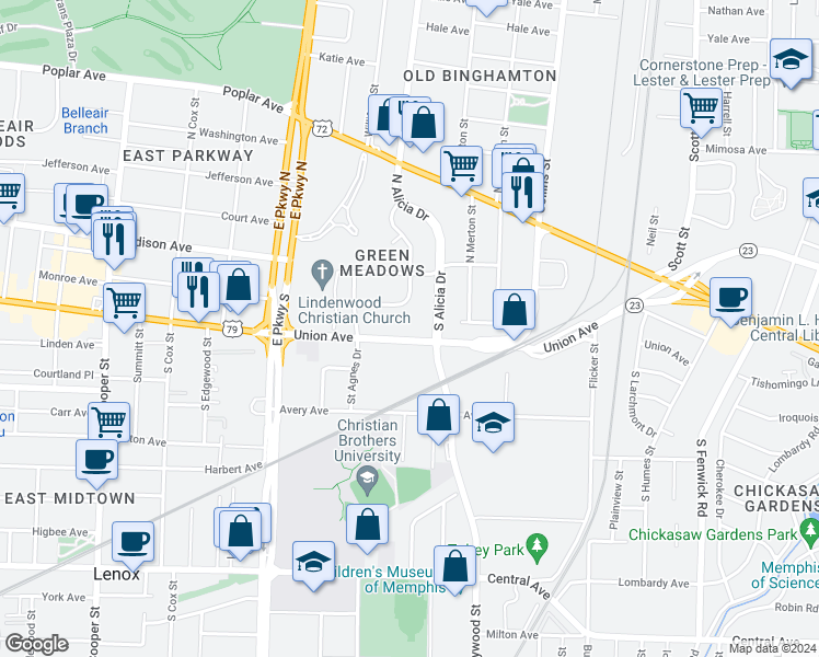 map of restaurants, bars, coffee shops, grocery stores, and more near 2485 Tennessee 23 in Memphis
