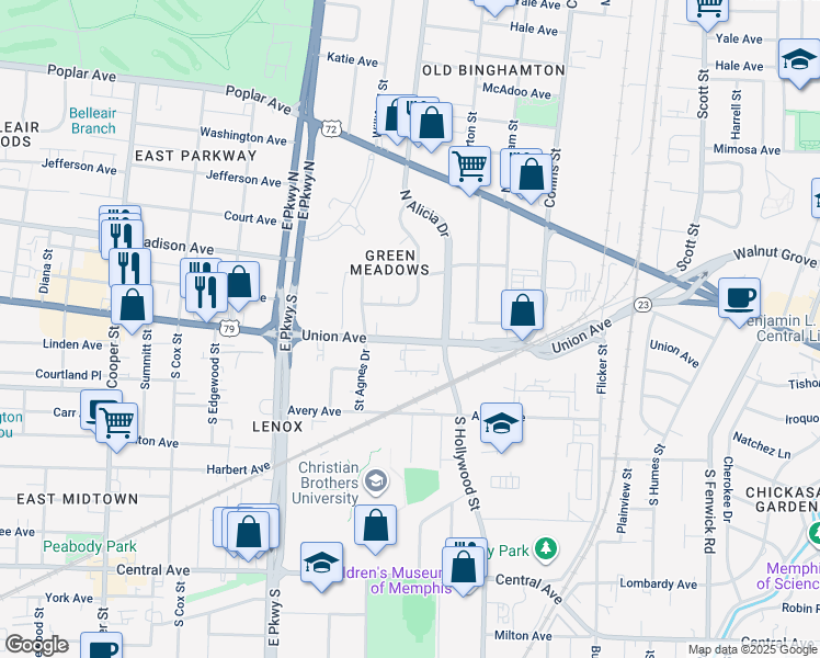 map of restaurants, bars, coffee shops, grocery stores, and more near 2485 Tennessee 23 in Memphis