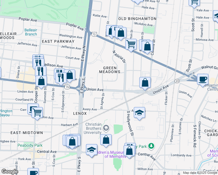 map of restaurants, bars, coffee shops, grocery stores, and more near 2485 Tennessee 23 in Memphis