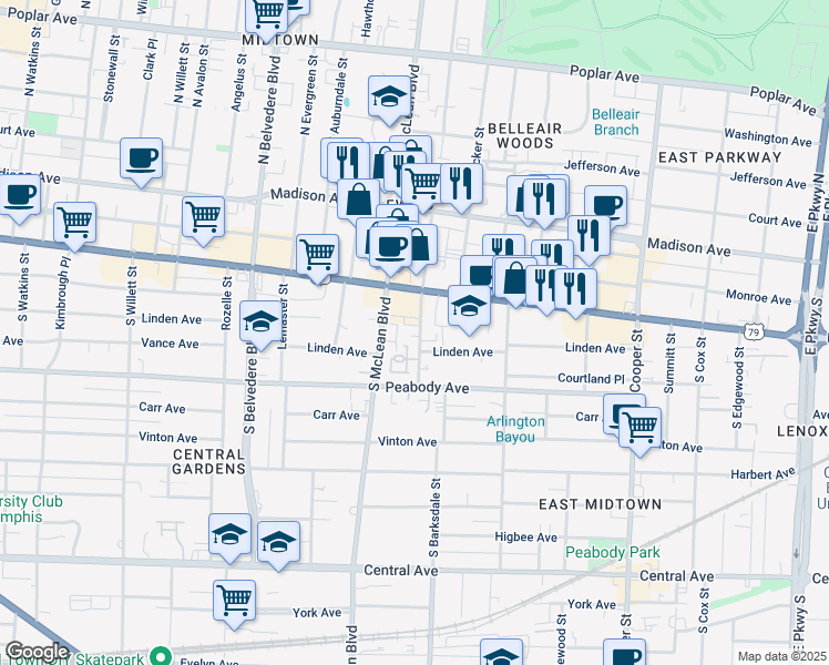 map of restaurants, bars, coffee shops, grocery stores, and more near 1895 Linden Avenue in Memphis