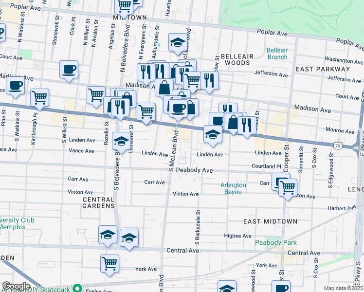 map of restaurants, bars, coffee shops, grocery stores, and more near 232 South McLean Boulevard in Memphis