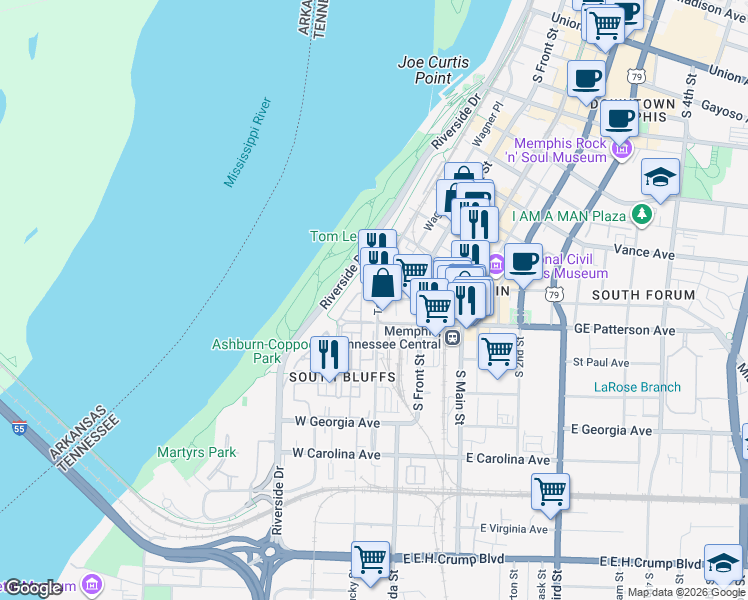 map of restaurants, bars, coffee shops, grocery stores, and more near 25 West GE Patterson Avenue in Memphis