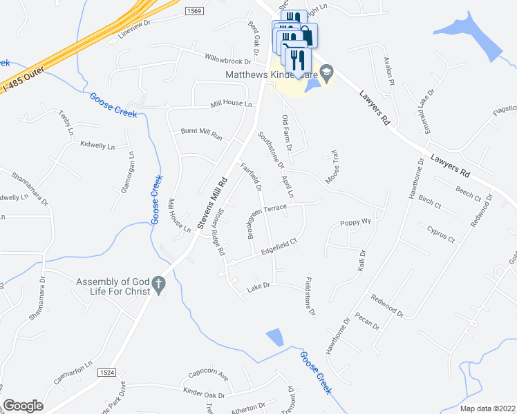map of restaurants, bars, coffee shops, grocery stores, and more near 15720 Fairfield Drive in Matthews