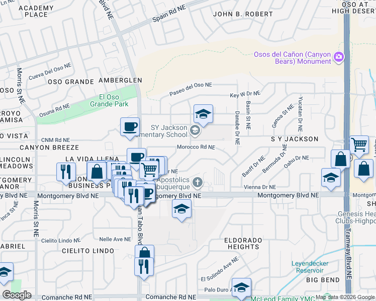 map of restaurants, bars, coffee shops, grocery stores, and more near 4610 Cairo Drive Northeast in Albuquerque