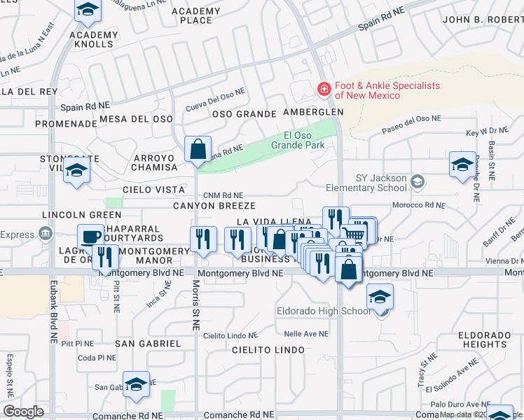 map of restaurants, bars, coffee shops, grocery stores, and more near 10501 Lagrima De Oro Road Northeast in Albuquerque