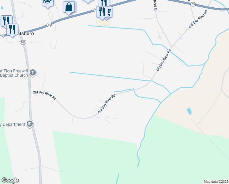 map of restaurants, bars, coffee shops, grocery stores, and more near 809 Old Bay River Road in Grantsboro