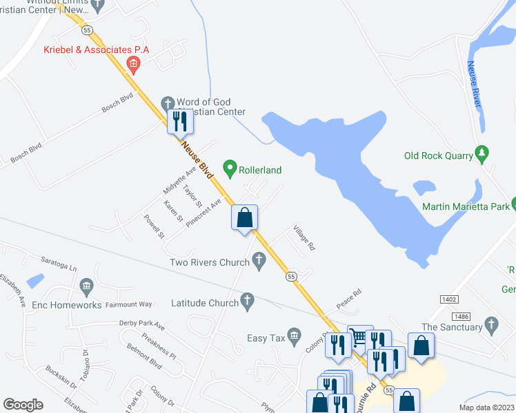 map of restaurants, bars, coffee shops, grocery stores, and more near 409 Stoneyhill Trail in New Bern