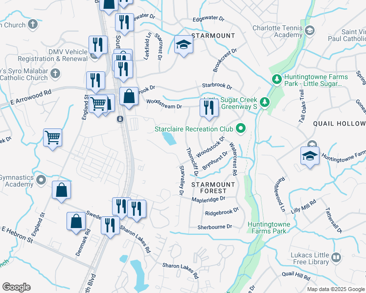 map of restaurants, bars, coffee shops, grocery stores, and more near 7217 Starvalley Drive in Charlotte
