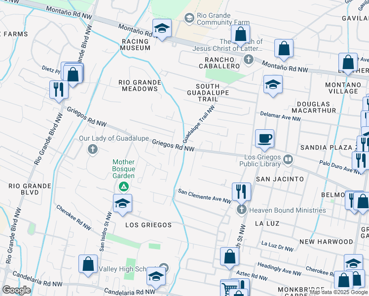 map of restaurants, bars, coffee shops, grocery stores, and more near Griegos Rd NW & Guadalupe Trail NW in Albuquerque