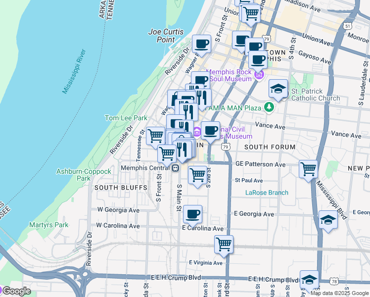 map of restaurants, bars, coffee shops, grocery stores, and more near 474 South Main Street in Memphis