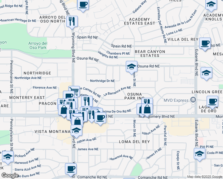map of restaurants, bars, coffee shops, grocery stores, and more near 8800 Northridge Avenue Northeast in Albuquerque