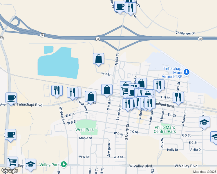 map of restaurants, bars, coffee shops, grocery stores, and more near 151 North Mill Street in Tehachapi