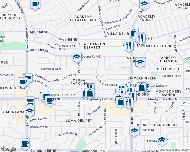 map of restaurants, bars, coffee shops, grocery stores, and more near 4720 Dona Rowena Avenue Northeast in Albuquerque