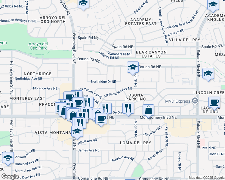 map of restaurants, bars, coffee shops, grocery stores, and more near 8800 Northridge Avenue Northeast in Albuquerque