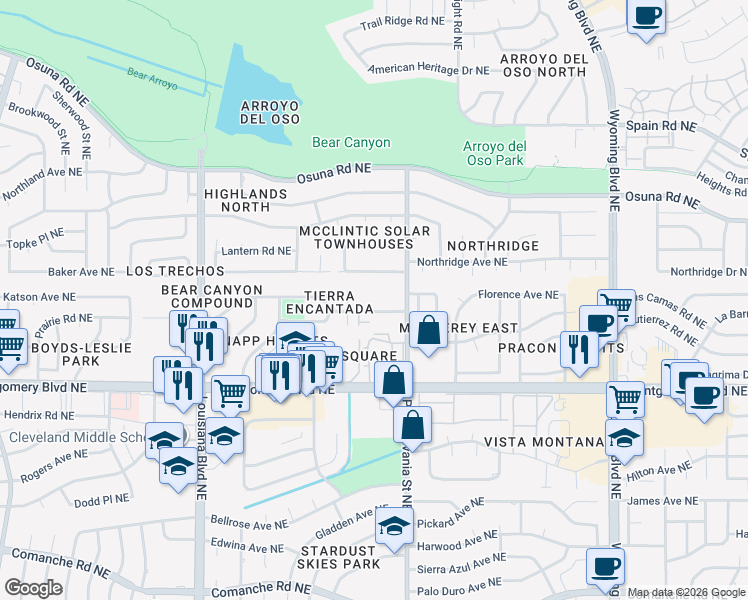 map of restaurants, bars, coffee shops, grocery stores, and more near 7440 Northridge Avenue Northeast in Albuquerque