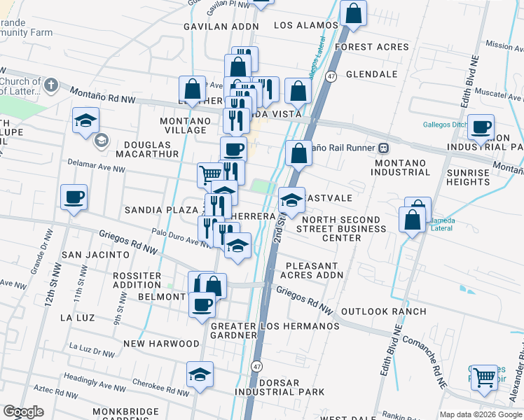 map of restaurants, bars, coffee shops, grocery stores, and more near 212 Delamar Avenue Northwest in Albuquerque