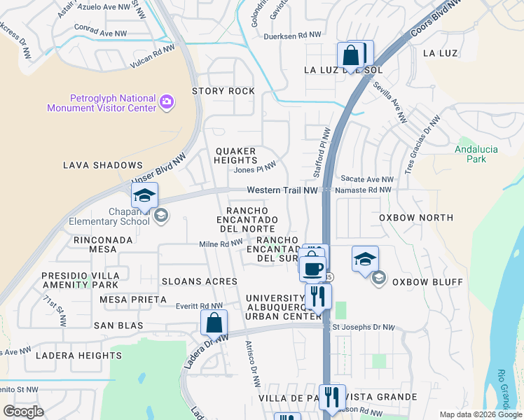 map of restaurants, bars, coffee shops, grocery stores, and more near 5909 Los Riscos Road Northwest in Albuquerque