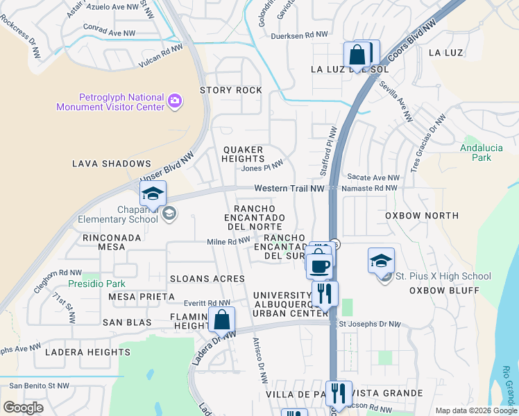 map of restaurants, bars, coffee shops, grocery stores, and more near 5909 Los Riscos Road Northwest in Albuquerque