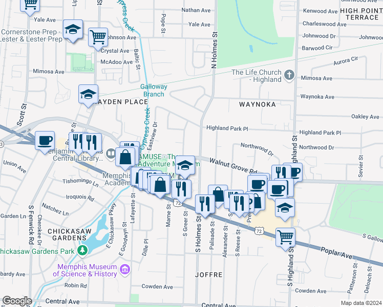 map of restaurants, bars, coffee shops, grocery stores, and more near 93 North Holmes Street in Memphis