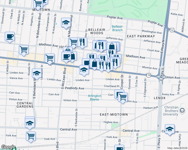 map of restaurants, bars, coffee shops, grocery stores, and more near 1981 Union Avenue in Memphis
