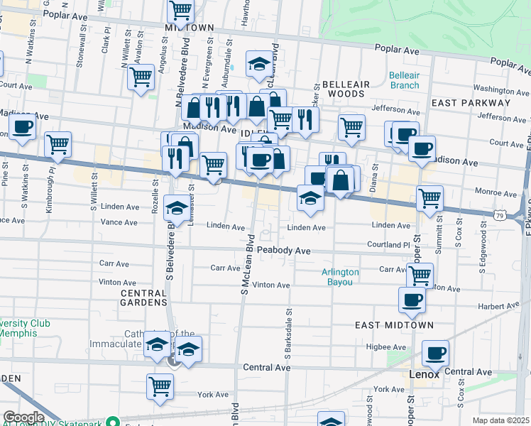 map of restaurants, bars, coffee shops, grocery stores, and more near 187 South McLean Boulevard in Memphis