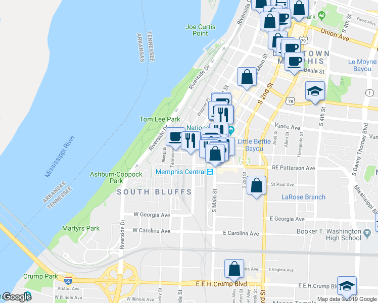 map of restaurants, bars, coffee shops, grocery stores, and more near 468 Wagner Place in Memphis