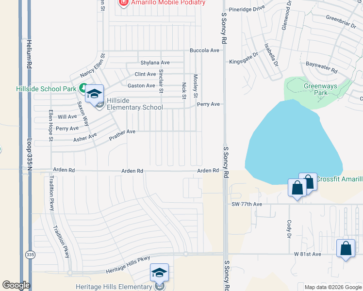 map of restaurants, bars, coffee shops, grocery stores, and more near 7203 Nick Street in Amarillo
