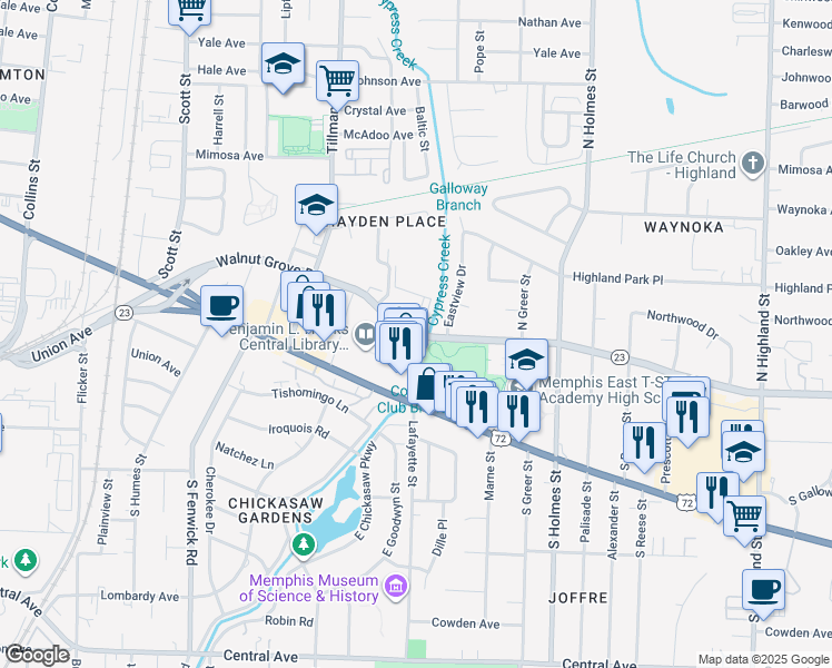 map of restaurants, bars, coffee shops, grocery stores, and more near 3100 Walnut Grove Rd in Memphis
