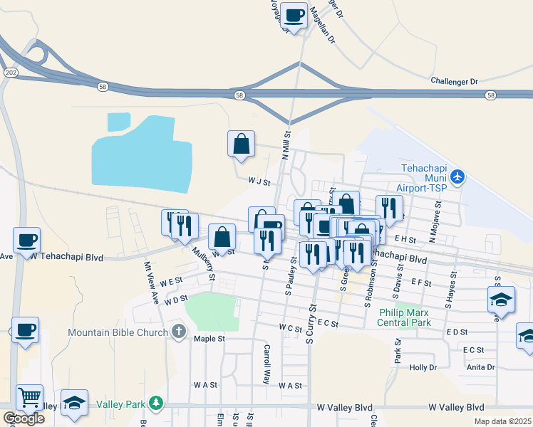 map of restaurants, bars, coffee shops, grocery stores, and more near 151 North Mill Street in Tehachapi