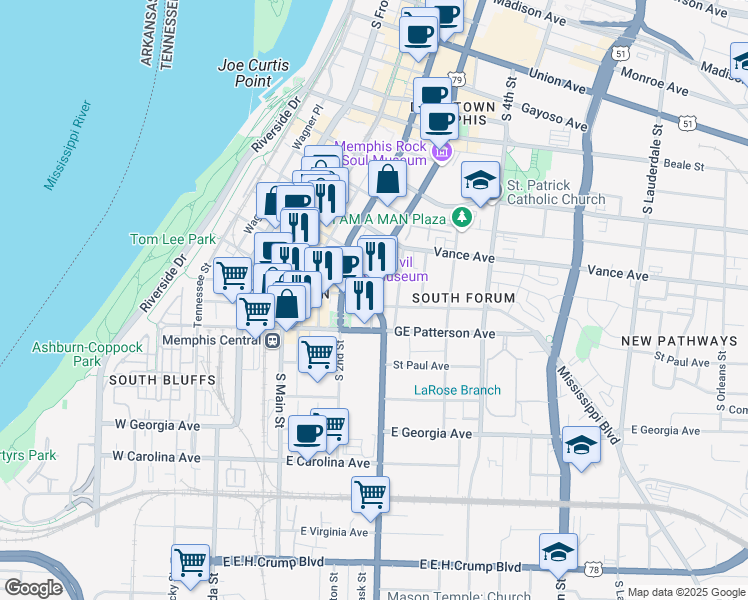 map of restaurants, bars, coffee shops, grocery stores, and more near 470 South 3rd Street in Memphis