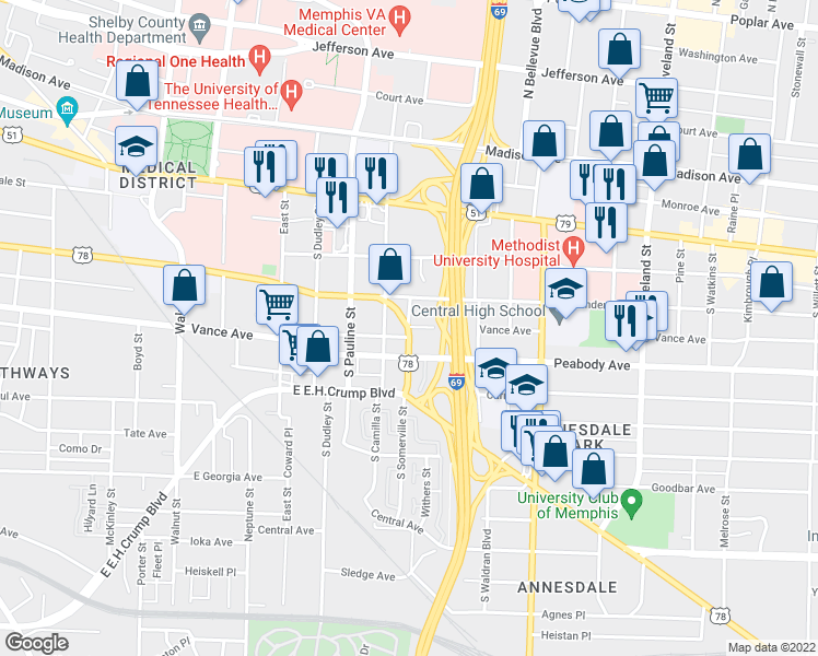 map of restaurants, bars, coffee shops, grocery stores, and more near S Somerville St & Vance Ave in Memphis