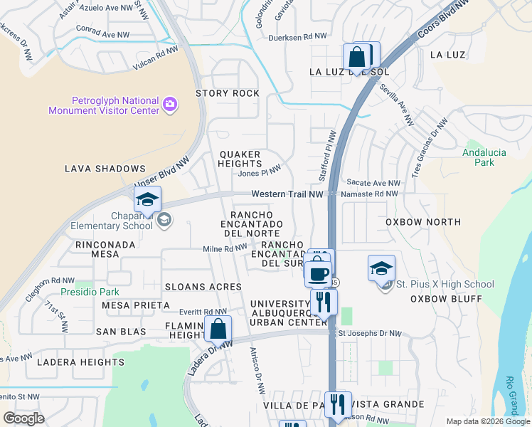 map of restaurants, bars, coffee shops, grocery stores, and more near 5909 Los Riscos Road Northwest in Albuquerque