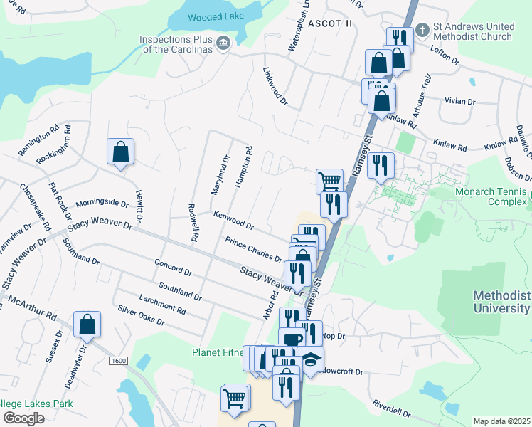 map of restaurants, bars, coffee shops, grocery stores, and more near 3048 Candlelight Drive in Fayetteville