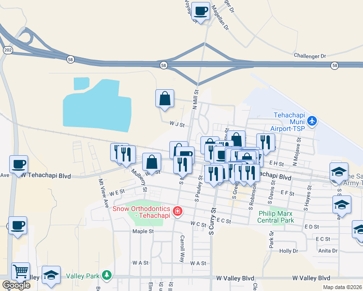 map of restaurants, bars, coffee shops, grocery stores, and more near 151 North Mill Street in Tehachapi