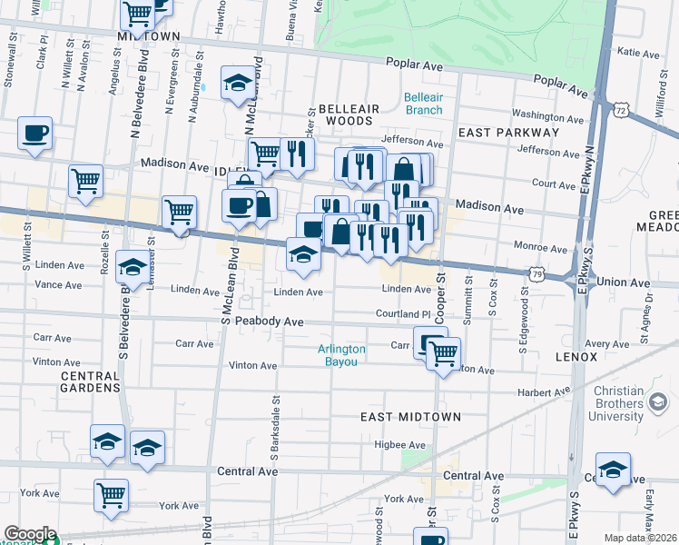 map of restaurants, bars, coffee shops, grocery stores, and more near 1981 Union Avenue in Memphis