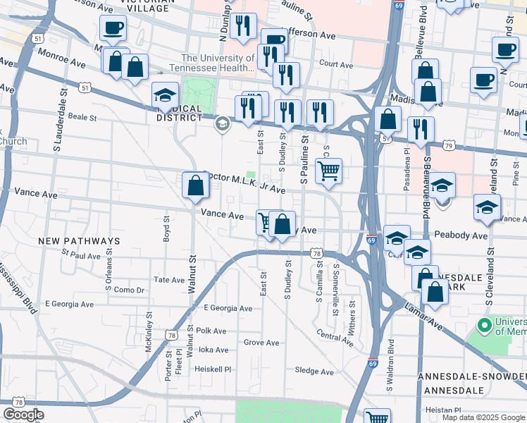 map of restaurants, bars, coffee shops, grocery stores, and more near 939 Linden Avenue in Memphis