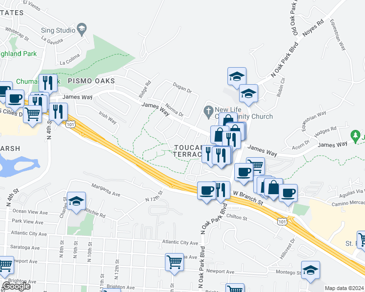 map of restaurants, bars, coffee shops, grocery stores, and more near 109 Marian Way in Pismo Beach