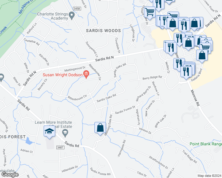 map of restaurants, bars, coffee shops, grocery stores, and more near 8304 Lacewood Place in Charlotte