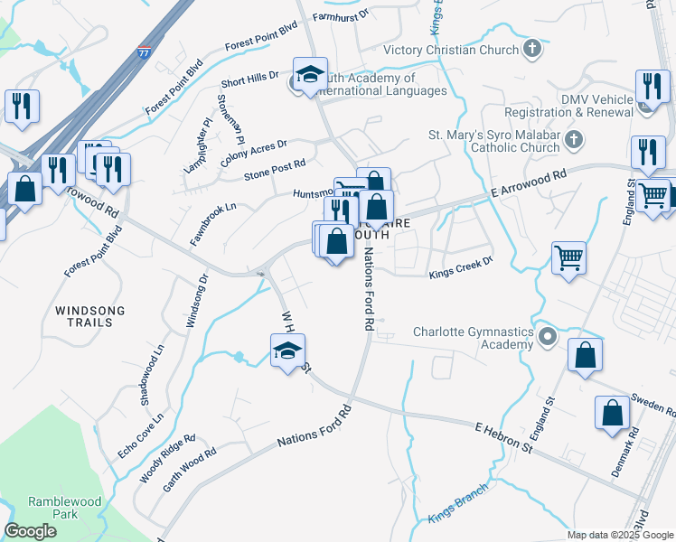 map of restaurants, bars, coffee shops, grocery stores, and more near 201 West Arrowood Road in Charlotte