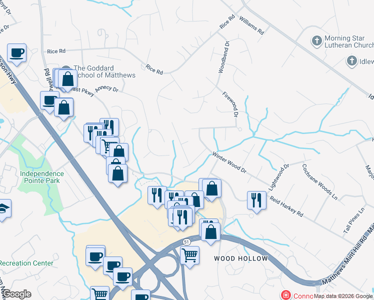 map of restaurants, bars, coffee shops, grocery stores, and more near 608 Winter Wood Drive in Matthews