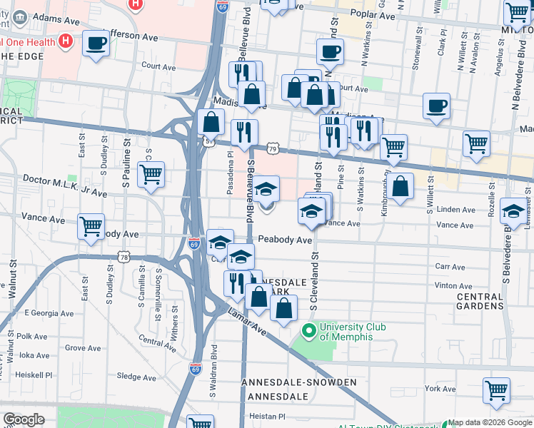 map of restaurants, bars, coffee shops, grocery stores, and more near 306 South Bellevue Boulevard in Memphis