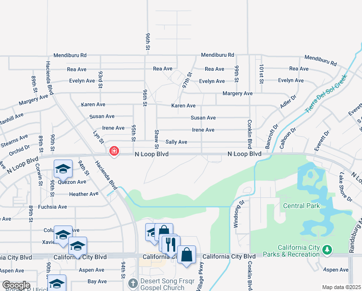 map of restaurants, bars, coffee shops, grocery stores, and more near 9700 Sally Avenue in California City
