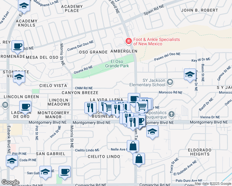 map of restaurants, bars, coffee shops, grocery stores, and more near 10801 Lagrima De Oro Road Northeast in Albuquerque