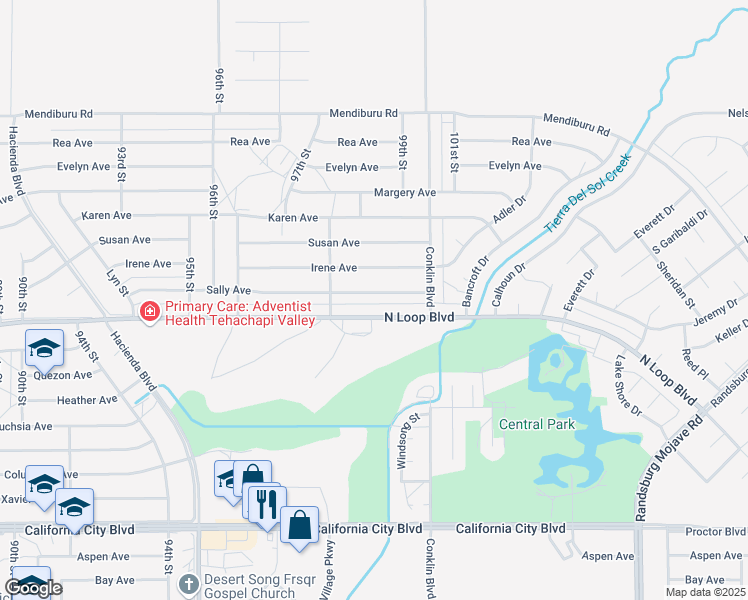 map of restaurants, bars, coffee shops, grocery stores, and more near 9849 Sally Avenue in California City